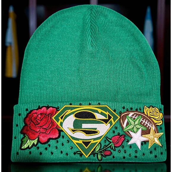 Green Bay Packers Beanie design with Log, roses, stars, football and rhinestones - Picture 2 of 5